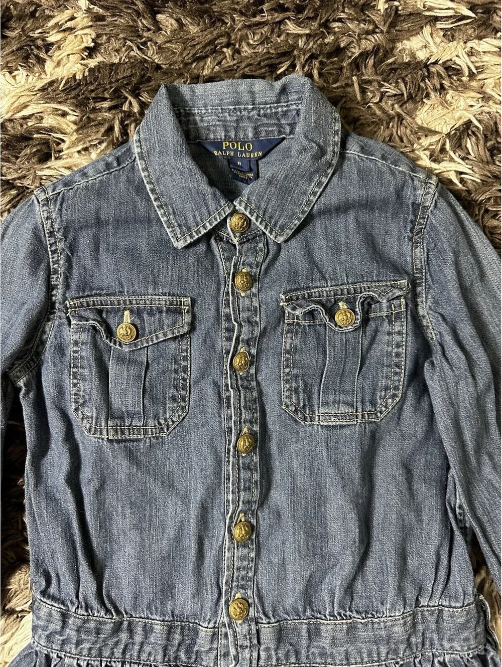 Polo Ralph Lauren Girls Denim Dress Button Front Long Sleeve Blue Size 8
